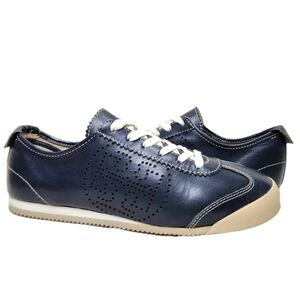 TORY BURCH Murphey Perforated Logo Sneakers Sz 8.5 Navy Blue Leather 11128500